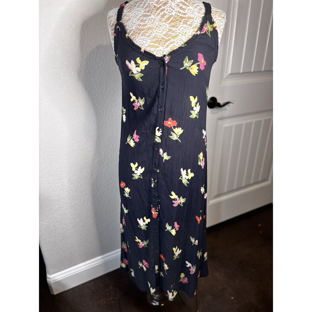 Billabong Sweet Edges Midi Dress Black Floral Kringle Gauze M Button Front Beach